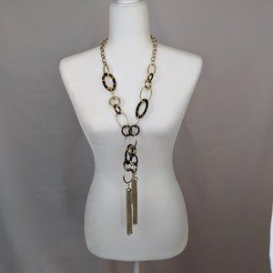 CHICO'S  Mollie Gold Tone Faux Tortoise Long Chain Link Tassels Necklace